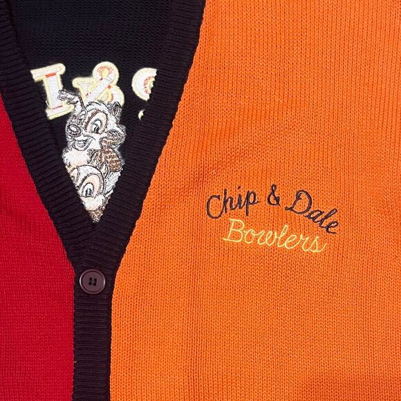 Vtg Disney Catalog Varsity Patched Knit Cardigan Sweater Chip & Dale Bowling Lg - Picture 3 of 11